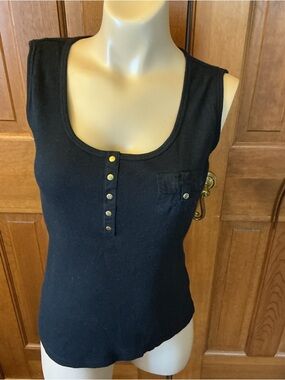 Karen Scott tank Black Sleeveless faux Snap-Front cloth faux pocket